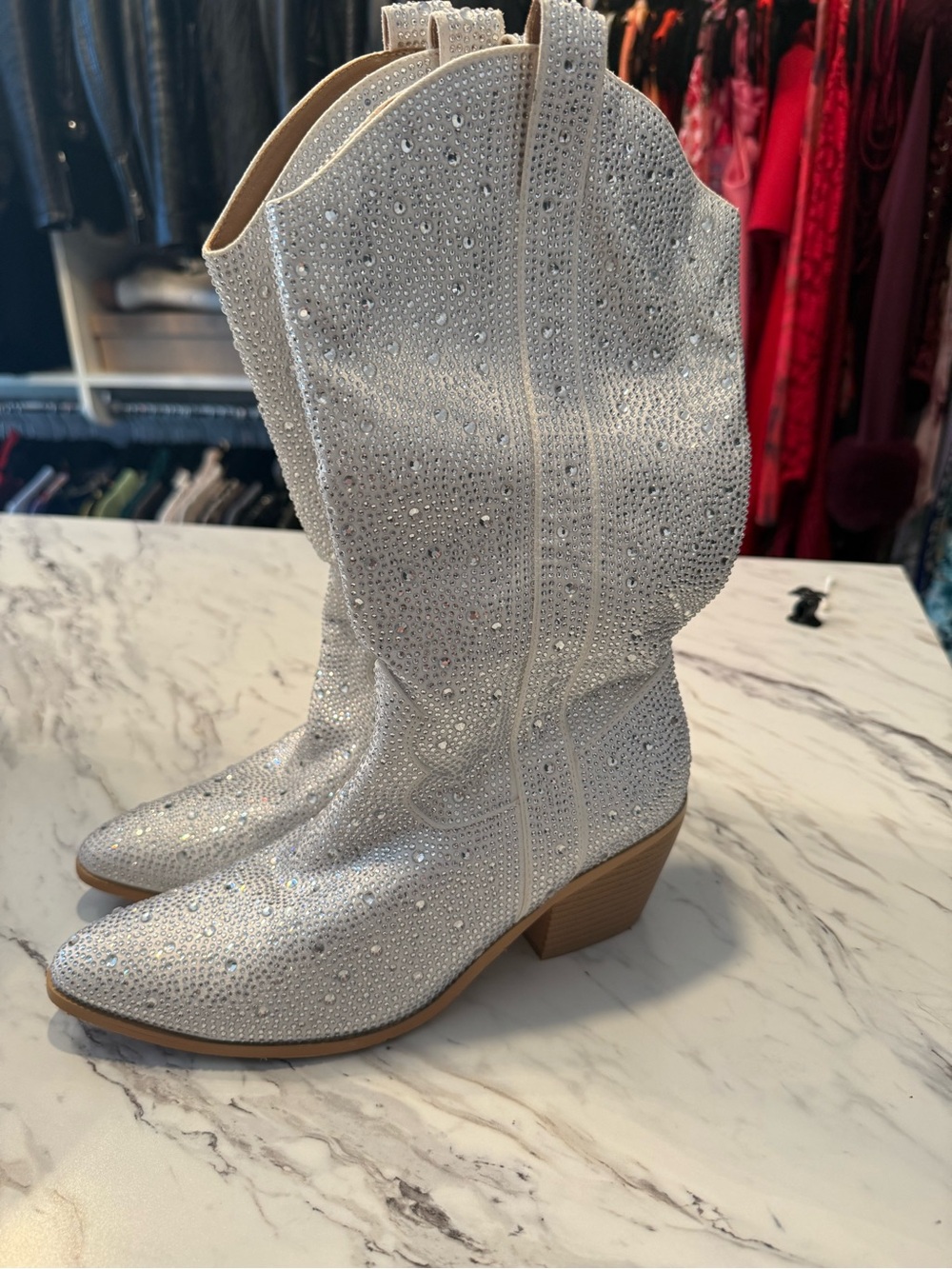 White rhinestone mid calf cowboy boots